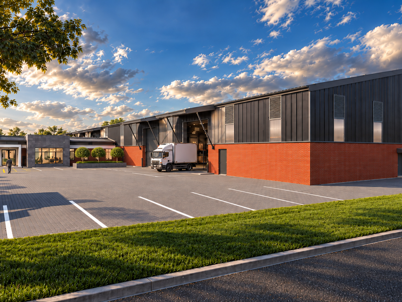 Modern industrial warehouse facility featuring a large paved parking area, brick and metal facade, and convenient roller shutter access for logistics.