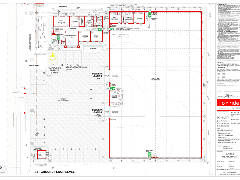 Architectural ground floor plan for an industrial warehouse facility, detailing office layouts, loading zones, ablution blocks, and fire escape access points.