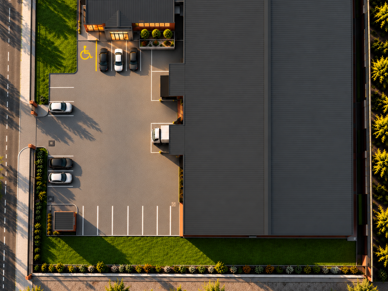 Aerial view of an industrial property featuring a large warehouse, dedicated loading bay, paved parking area with accessible bays, and landscaped perimeter grounds.