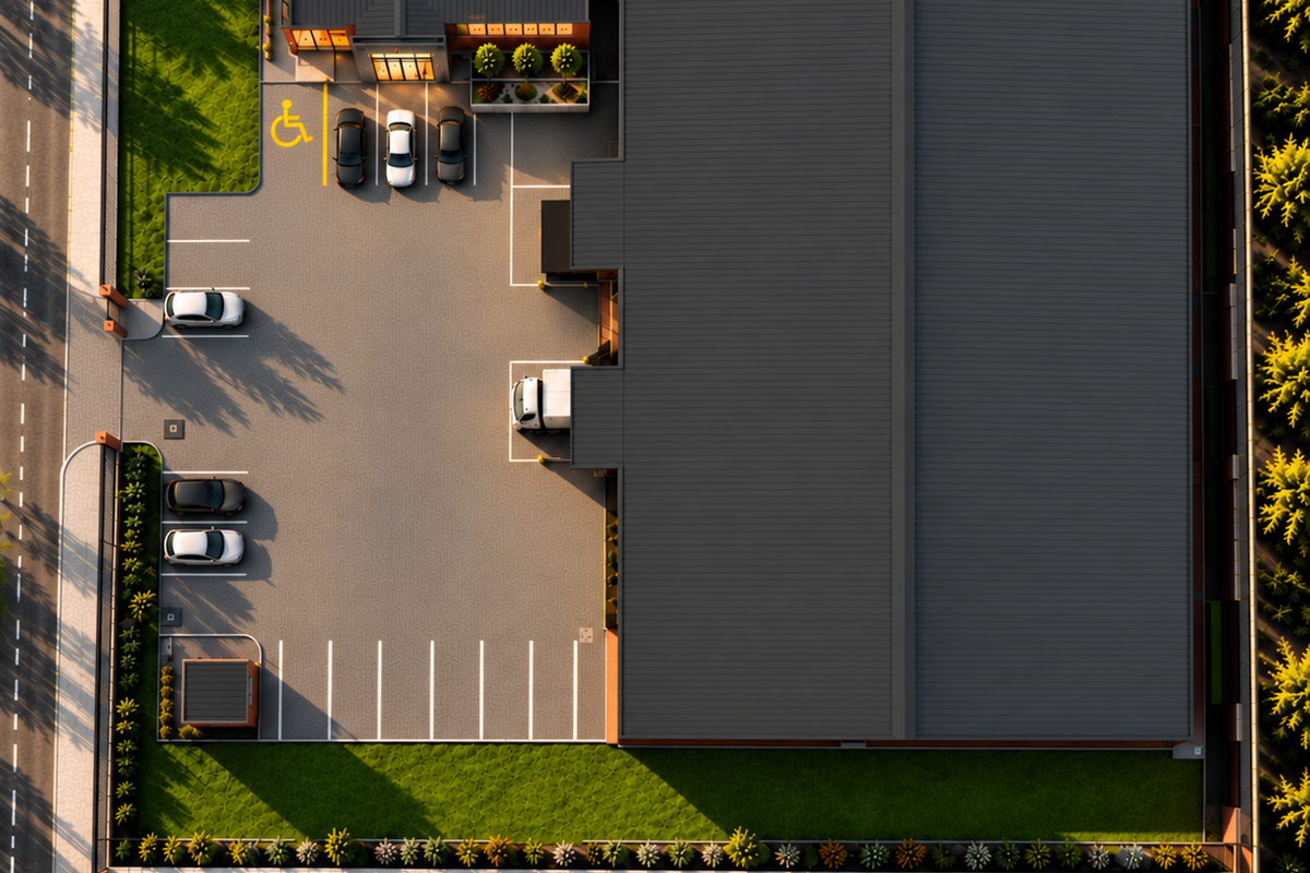 Aerial view of an industrial property featuring a large warehouse, dedicated loading bay, paved parking area with accessible bays, and landscaped perimeter grounds.