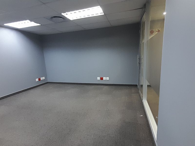 A clean, empty office space featuring neutral grey walls, carpeted flooring, a suspended ceiling with recessed lighting, and a modern glass partition wall.