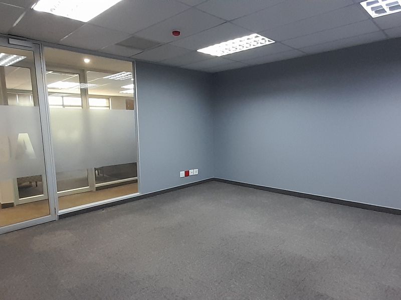 A clean, empty office space featuring grey walls, carpeted flooring, a glass partition wall, and recessed ceiling lighting.