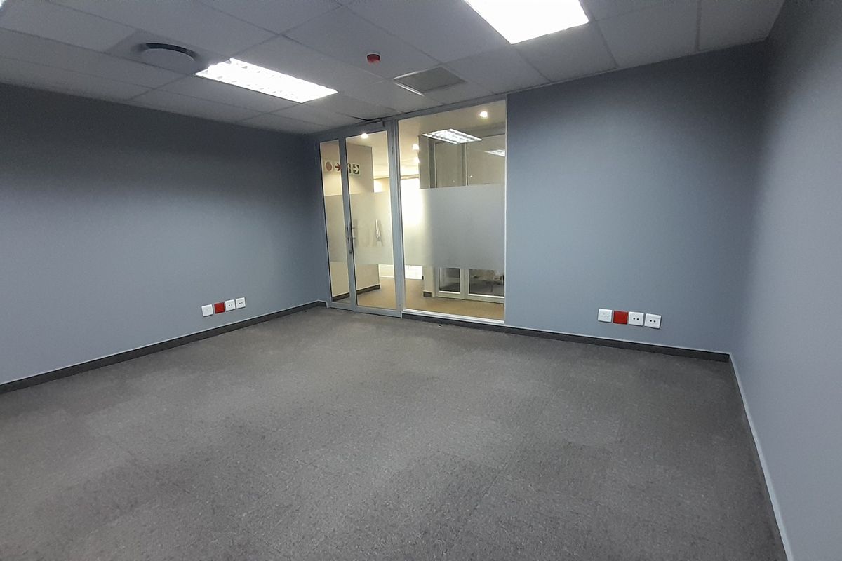 A clean, vacant office space featuring grey carpet tiles, neutral walls, a glass partition entrance, and integrated ceiling lighting with power and data points.
