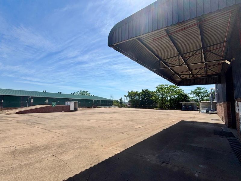 Expansive commercial concrete yard featuring a large metal roof canopy and a loading ramp, suitable for industrial or logistics operations.