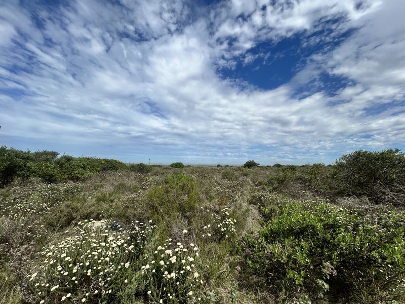 A wide-angle view of the vacant commercial land, featuring natural coastal vegetation and open terrain under a bright, cloudy sky.