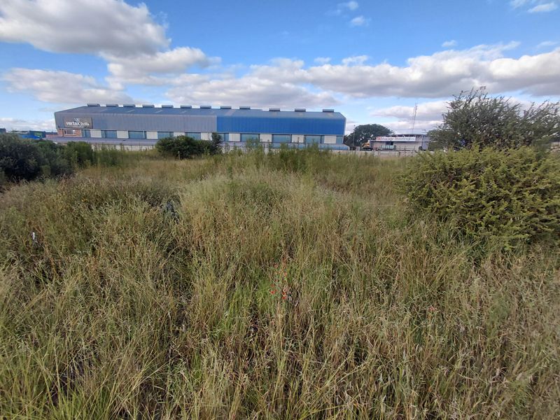 A view of the vacant commercial land featuring overgrown grass and vegetation, with surrounding industrial buildings visible in the background.