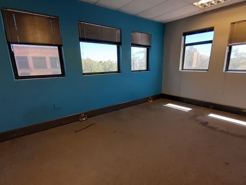 An empty office space featuring large windows with venetian blinds, suspended ceiling, and carpet flooring, offering a blank canvas for professional workspace customization.