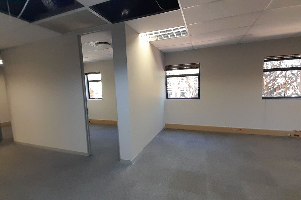 An empty office space featuring carpeted flooring, recessed lighting, and large windows, currently requiring ceiling repairs.
