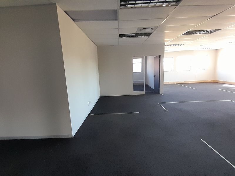 A spacious, empty open-plan office area featuring a suspended ceiling, recessed lighting, and dark carpeting, offering a versatile workspace layout.