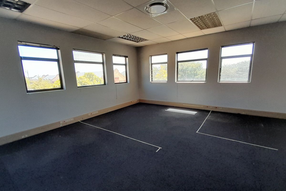A spacious, empty office area featuring a suspended ceiling, recessed lighting, and large windows providing ample natural light.