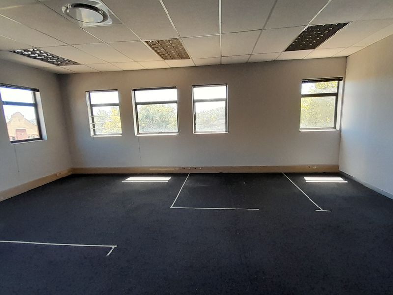 A spacious, empty office area featuring a suspended ceiling, recessed lighting, and large windows providing ample natural light.