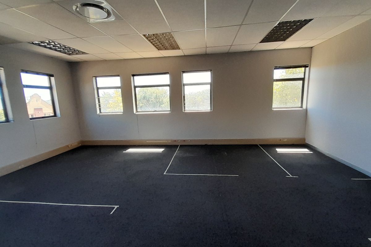 A spacious, empty office area featuring a suspended ceiling, recessed lighting, and large windows providing ample natural light.