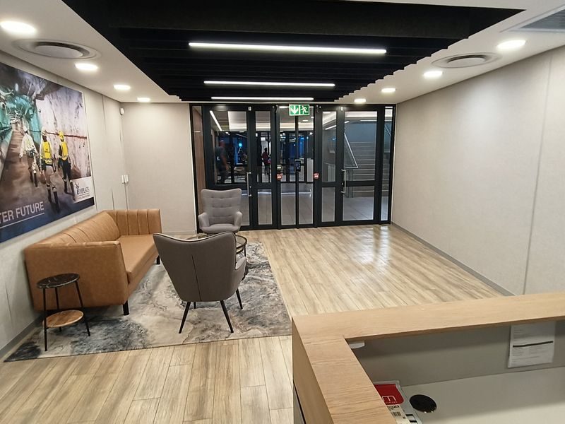 Modern office reception area featuring wood-look flooring, recessed lighting, black acoustic ceiling baffles, and a professional reception desk with glass entry doors.