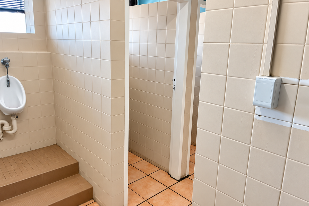 A functional commercial restroom facility featuring tiled walls and flooring with a wall-mounted urinal and partitioned cubicle access.