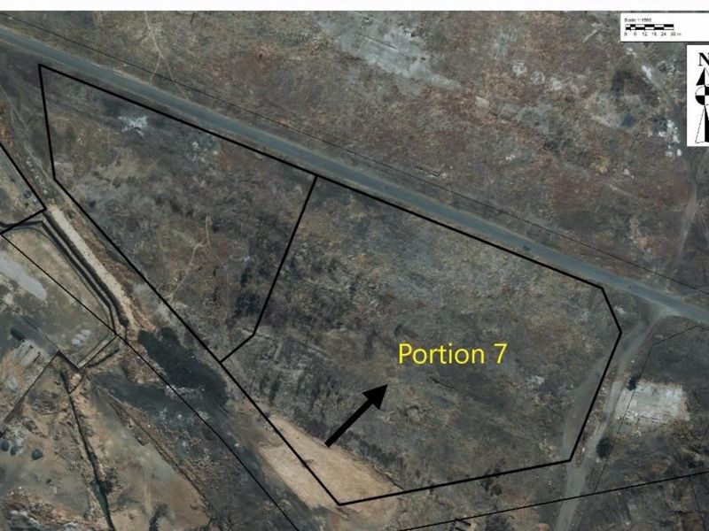 Aerial view of the industrial property site, highlighting the designated Portion 7 boundary and surrounding land access.