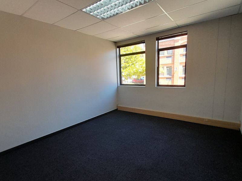 A clean, empty office space featuring neutral walls, dark carpeting, suspended ceiling with recessed lighting, and two windows providing natural light.
