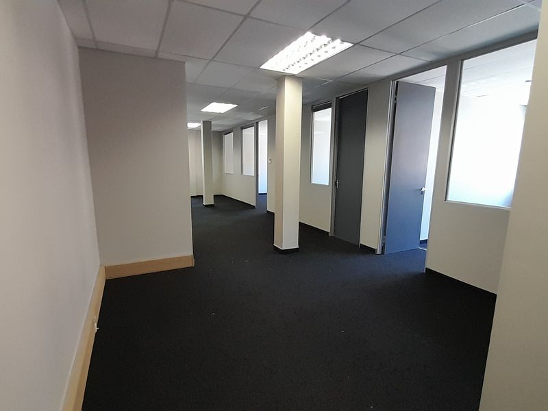 An empty, open-plan office space featuring suspended ceilings, recessed lighting, dark carpeting, and glass-partitioned private offices.