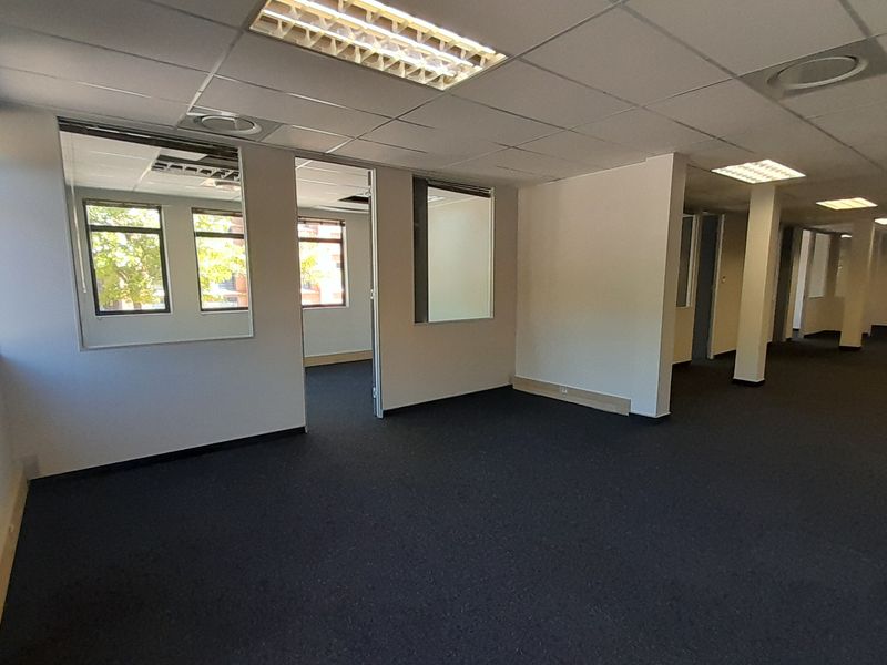 Spacious open-plan office area featuring suspended ceilings, recessed lighting, carpeted flooring, and internal glass partitions, offering a versatile workspace layout.
