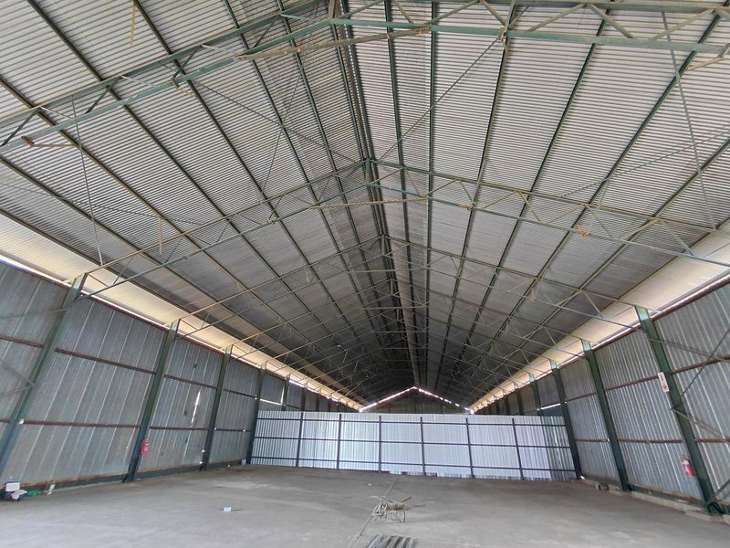 Spacious industrial warehouse featuring high-clearance corrugated metal roofing, exposed steel truss framework, and durable concrete flooring, suitable for storage or manufacturing operations.
