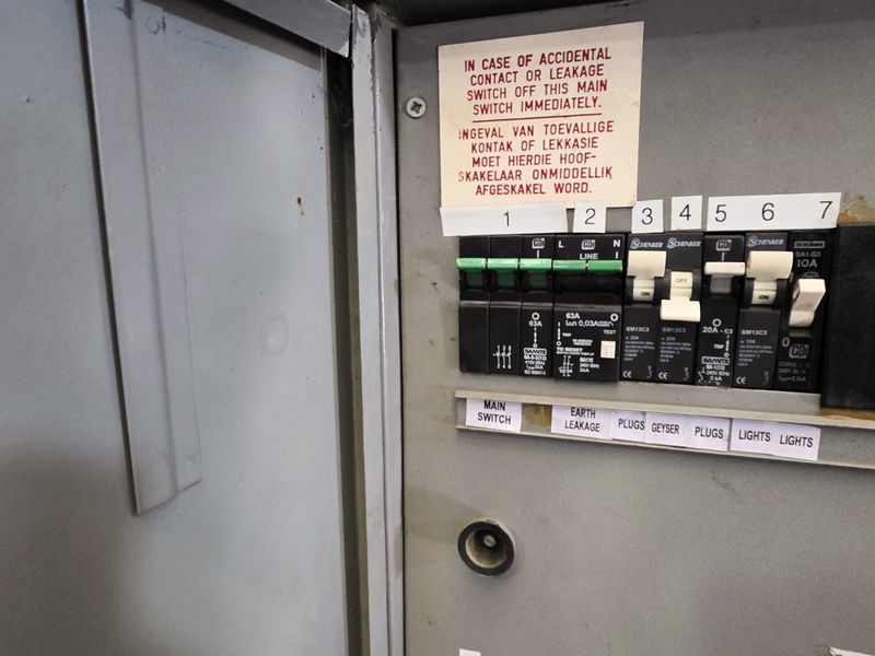 A functional electrical distribution board featuring clearly labeled circuit breakers, main switch, and earth leakage protection for the industrial property.