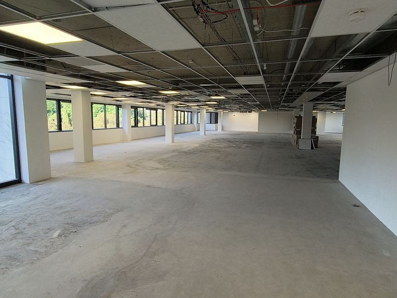 A large, open-plan office space currently in shell condition with exposed ceiling grid, concrete flooring, and extensive natural light from perimeter windows.
