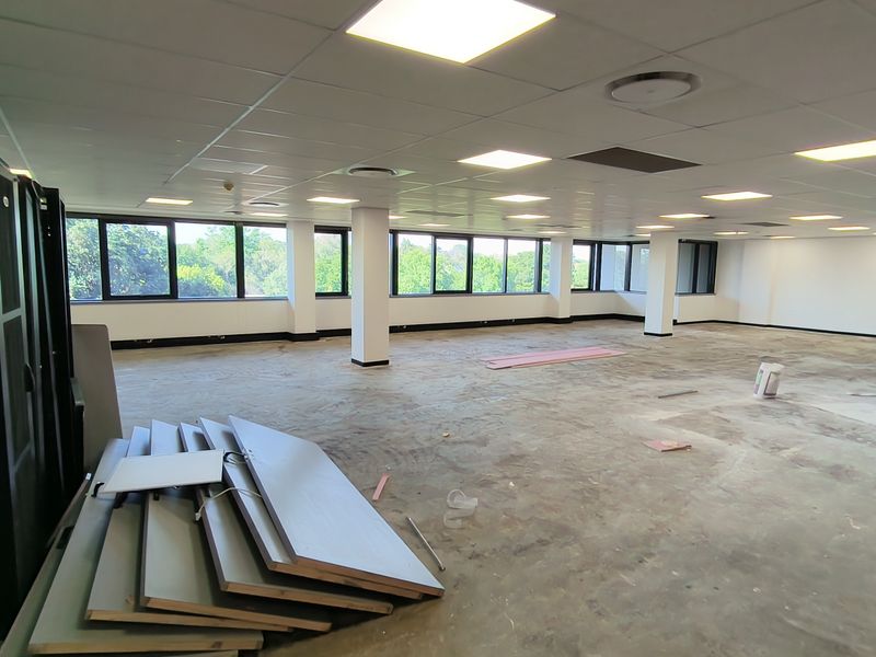 Spacious open-plan office area featuring a suspended ceiling with recessed lighting, large windows providing natural light, and an unfinished floor ready for customization.