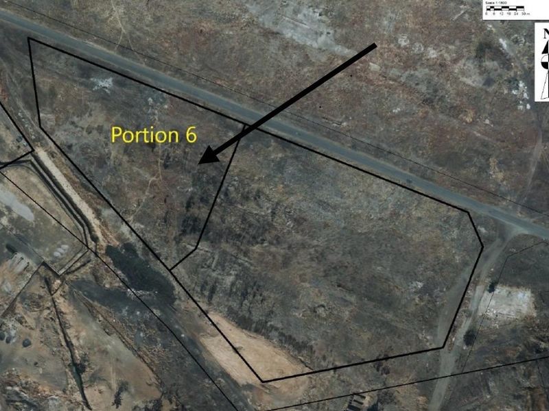 Aerial view of the industrial property site, highlighting the designated Portion 6 land area with boundary markers and north orientation.