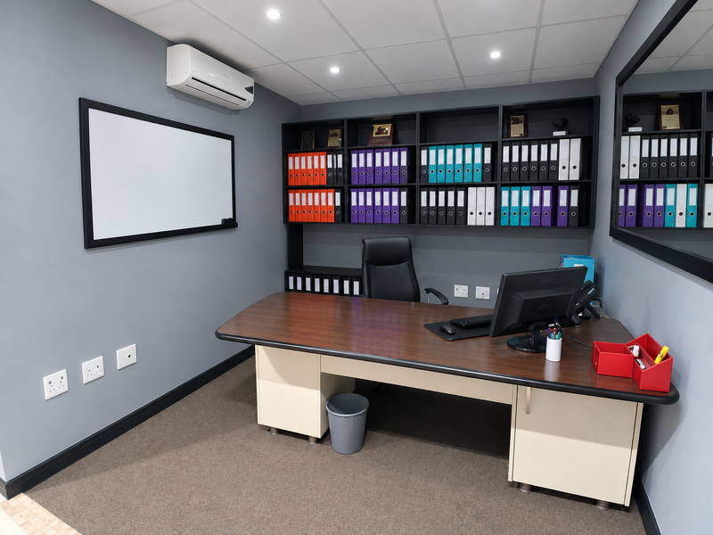 A professional office space featuring built-in shelving, a wall-mounted whiteboard, split-system air conditioning, and carpeted flooring.