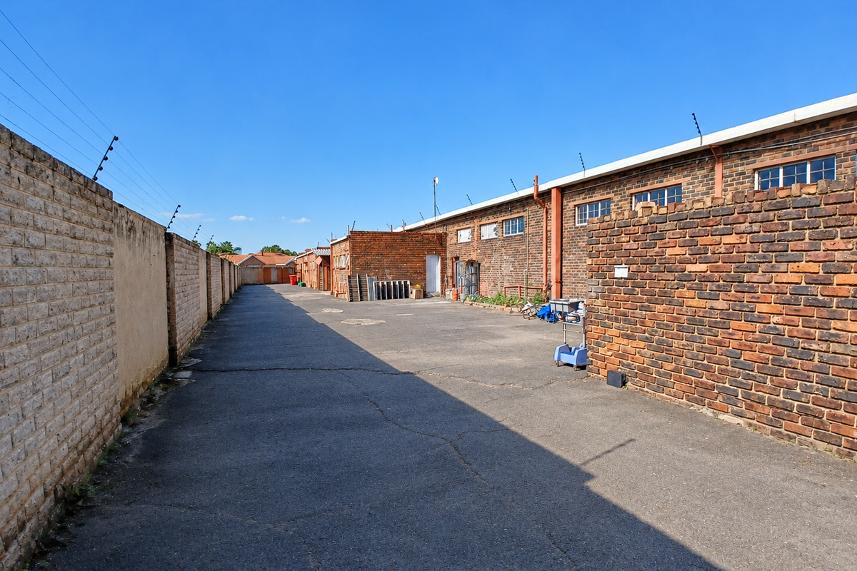 A rear exterior view of a commercial property featuring an asphalt driveway, brick boundary walls with electric fencing, and exposed brick building facades.