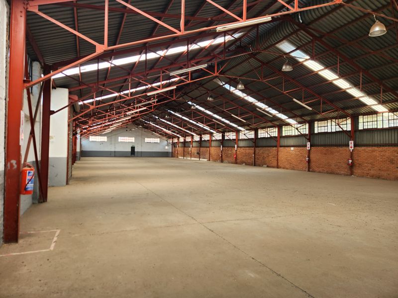 Spacious industrial warehouse featuring high-clearance steel roof trusses, concrete flooring, natural light through skylights, and functional brick wall construction.
