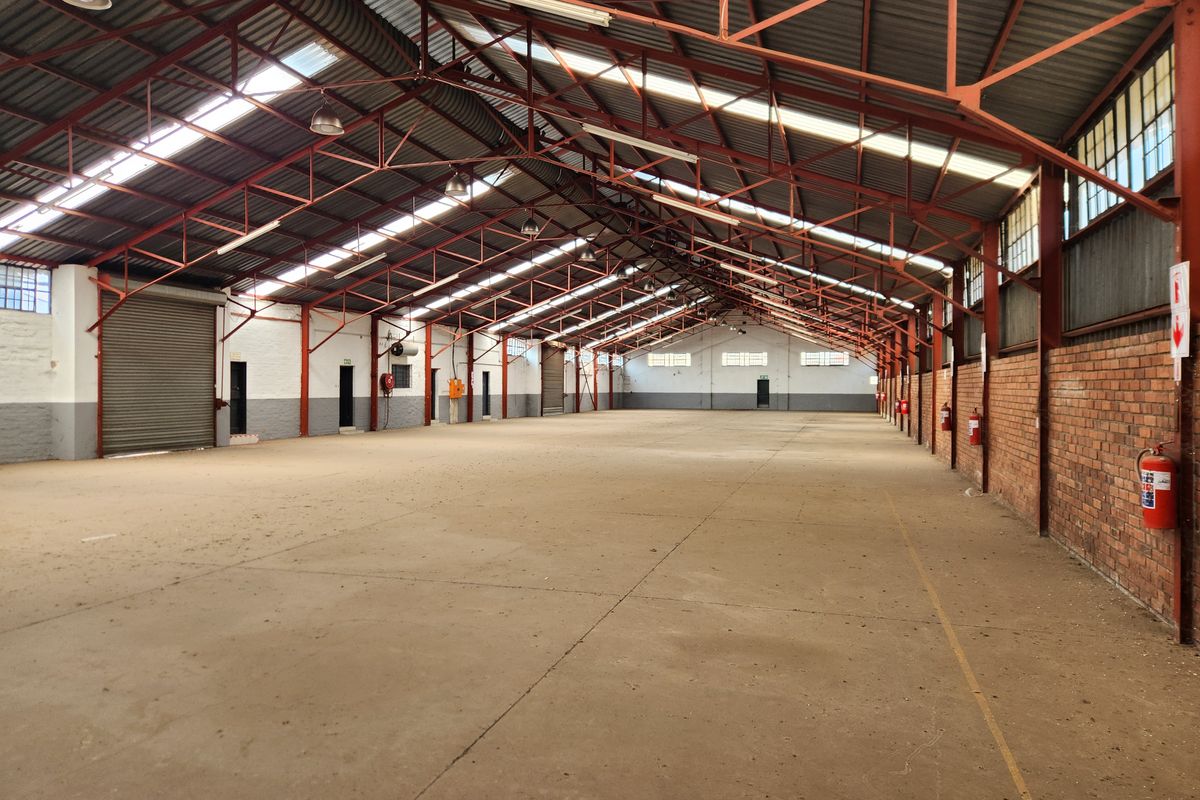 Expansive industrial warehouse space featuring high ceilings with exposed steel trusses, concrete flooring, roller shutter doors, and integrated fire safety equipment.