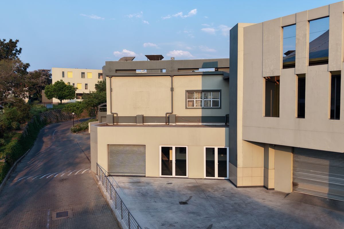 Rear exterior view of the industrial property featuring concrete driveway access, roller shutter doors, and double glass entry doors.