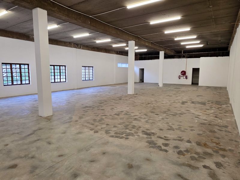 Spacious industrial utility area featuring exposed concrete ceilings, polished concrete floors, and ample natural light through steel-framed windows.