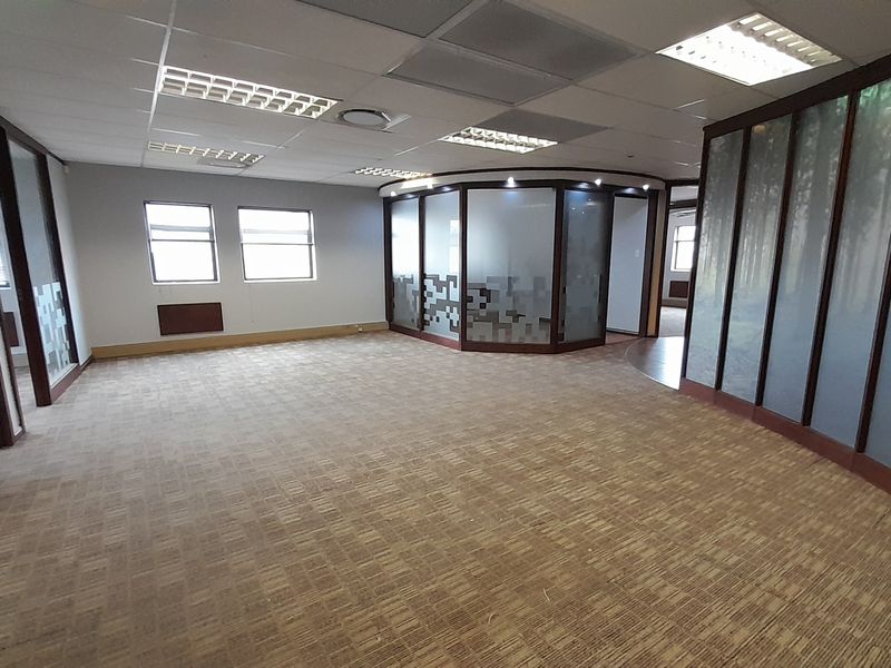 Spacious open-plan office area featuring suspended ceilings, recessed lighting, and modern frosted glass partitions, providing a versatile and professional workspace environment.