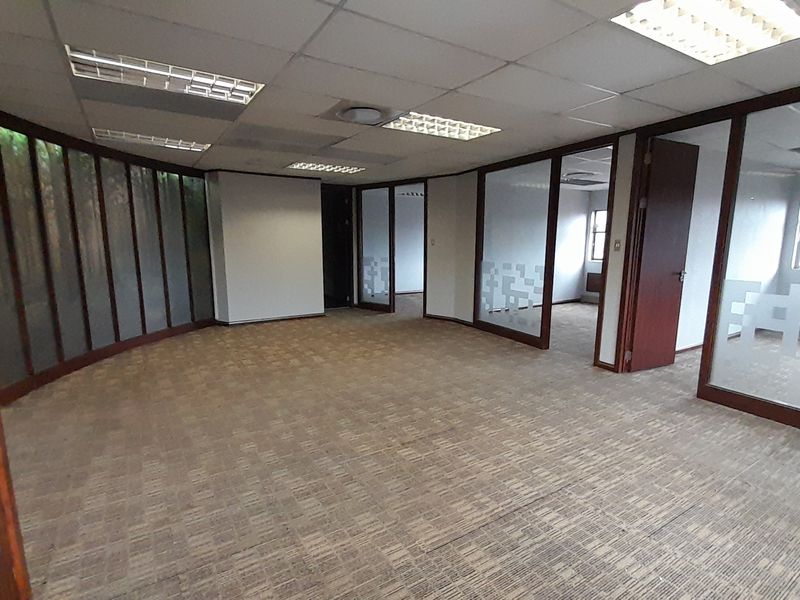 Spacious, vacant office area featuring glass partitions, suspended ceilings with recessed lighting, and carpeted flooring, offering a flexible layout for professional use.