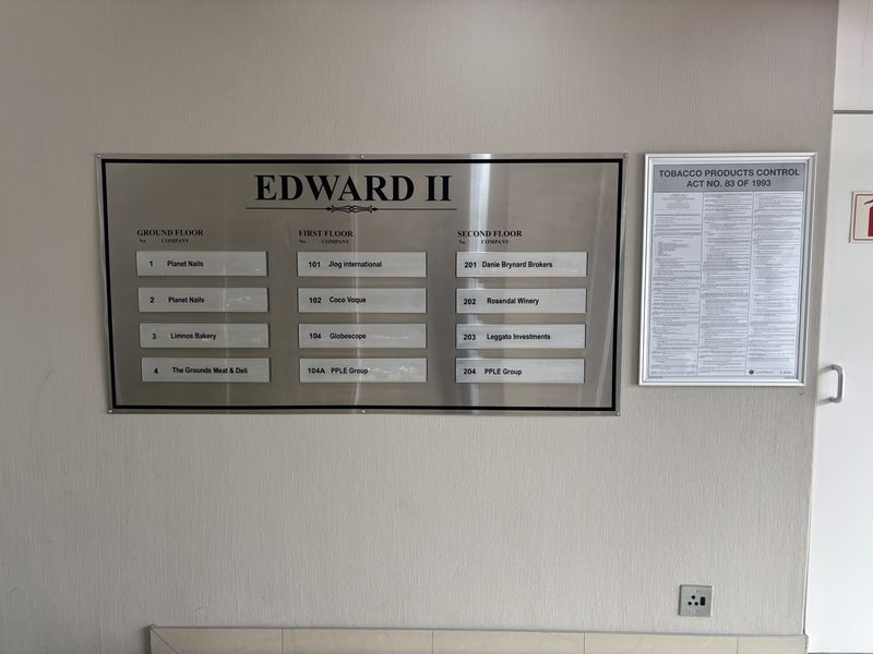 A professional building directory board for Edward II office complex, displaying tenant listings across three floors, mounted on a neutral interior wall.