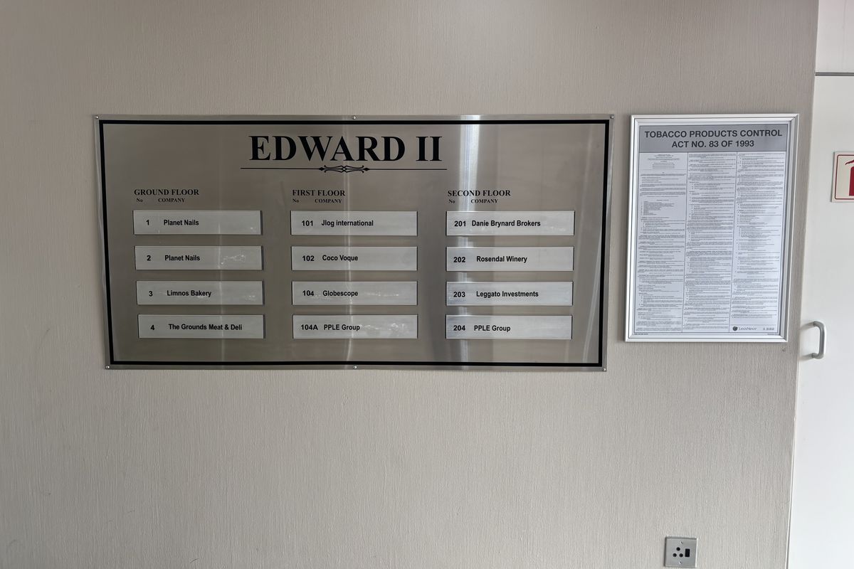 A professional building directory board for Edward II office complex, displaying tenant listings across three floors, mounted on a neutral interior wall.