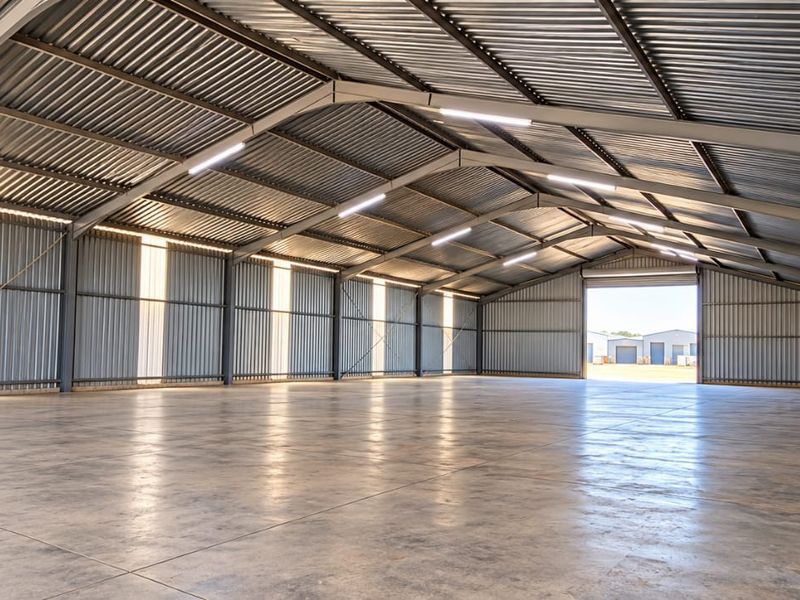 Spacious industrial warehouse featuring a steel portal frame, polished concrete flooring, corrugated metal walls, and high-output LED lighting with a large roller shutter door.