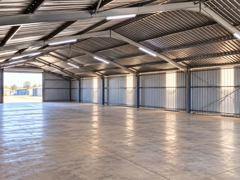 Spacious industrial warehouse featuring a steel portal frame, polished concrete flooring, and high-clearance corrugated metal walls with integrated LED lighting.