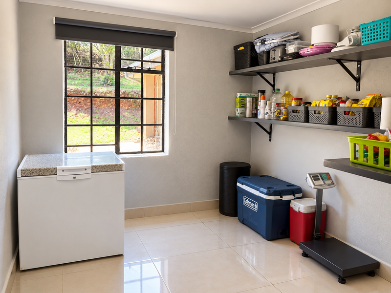 A clean and functional scullery or utility space featuring tiled flooring, built-in wall shelving, and a large window providing natural light.