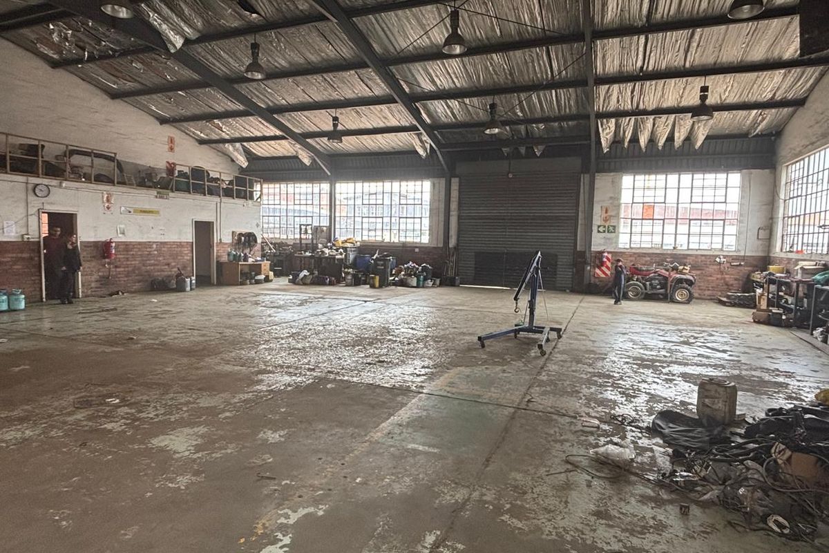 Spacious industrial utility space featuring high exposed steel truss ceilings, concrete flooring, large multi-pane windows, and a secure roller shutter door.