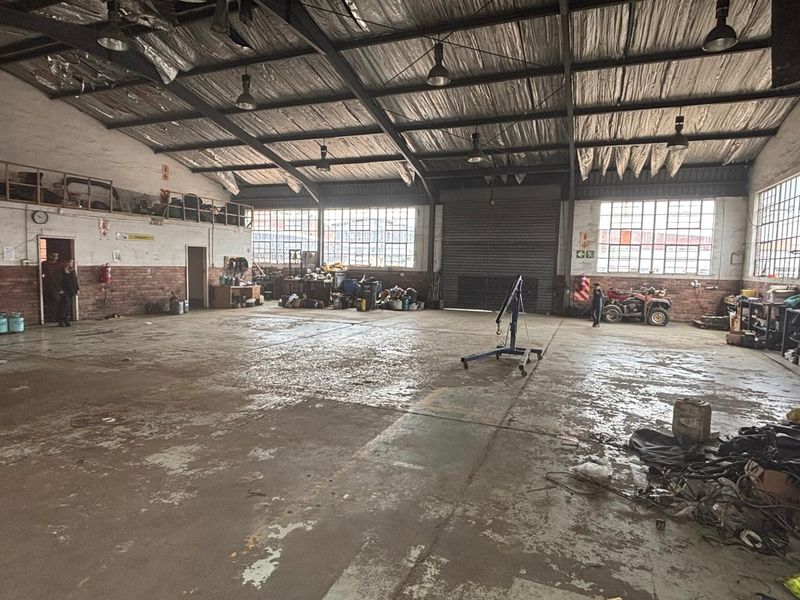 Spacious industrial utility space featuring high exposed steel truss ceilings, concrete flooring, large multi-pane windows, and a secure roller shutter door.
