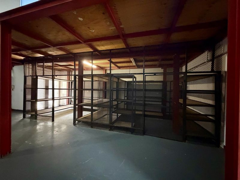 A functional utility or storage area featuring industrial-style metal mesh partitioning, exposed steel ceiling beams, and durable epoxy-coated flooring.