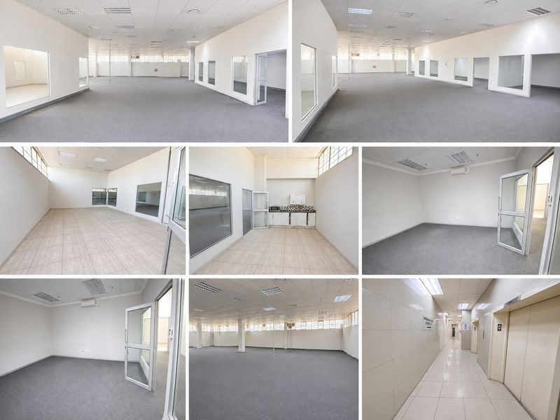A multi-panel view of a vacant office space featuring open-plan areas, private offices, a small kitchenette, and a tiled hallway with elevator access.
