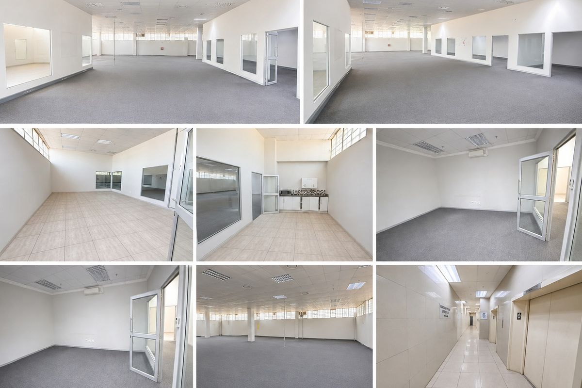 A multi-panel view of a vacant office space featuring open-plan areas, private offices, a small kitchenette, and a tiled hallway with elevator access.