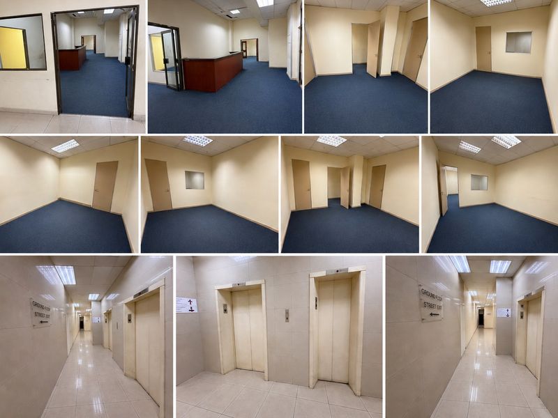 A multi-view collage of an office space featuring a reception area, vacant office rooms with carpet flooring, and a tiled elevator lobby.