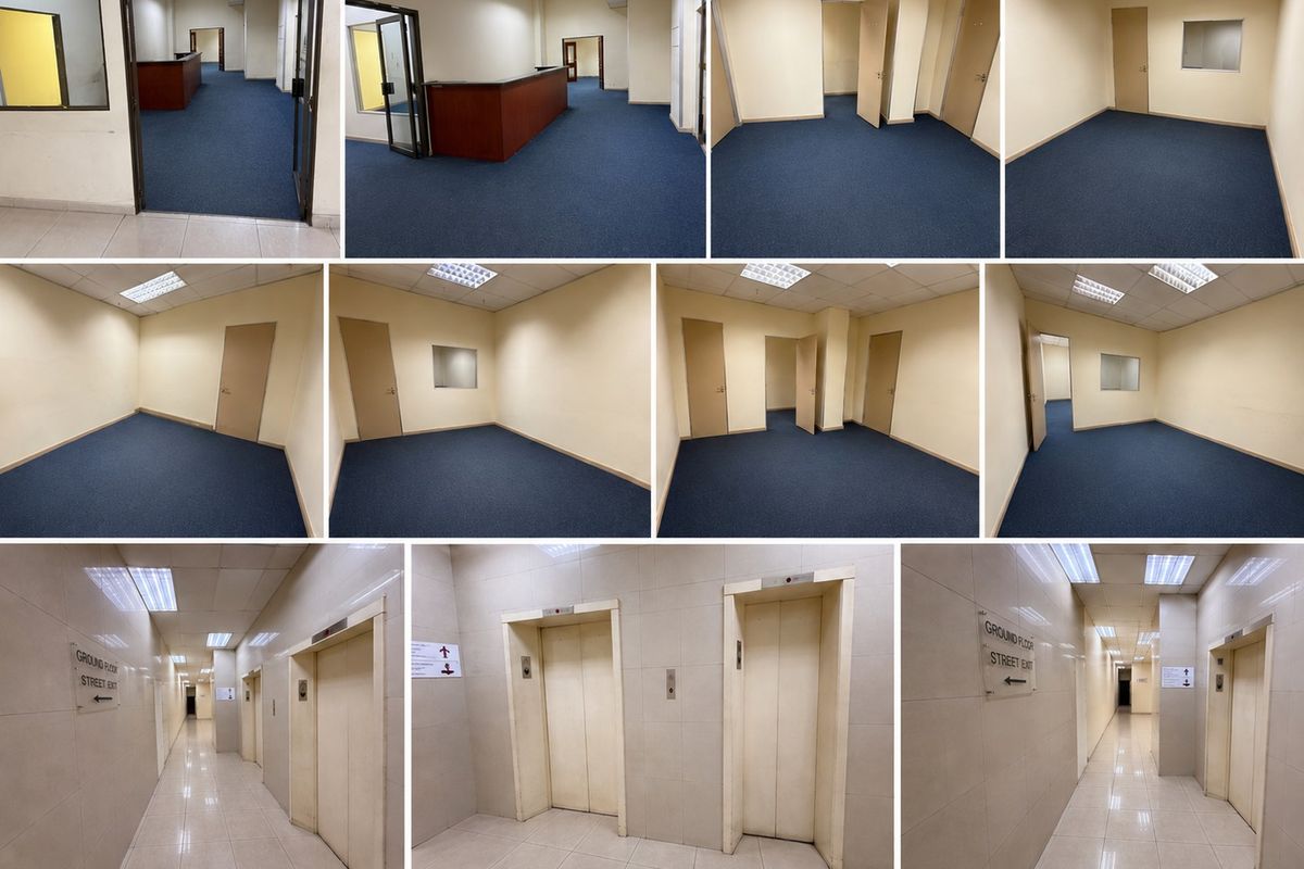 A multi-view collage of an office space featuring a reception area, vacant office rooms with carpet flooring, and a tiled elevator lobby.
