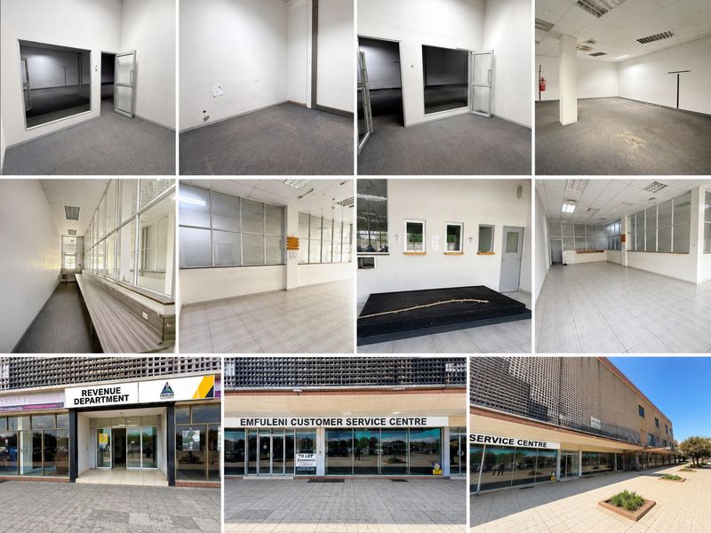 A collage of various interior office spaces and exterior views of a commercial service centre building.