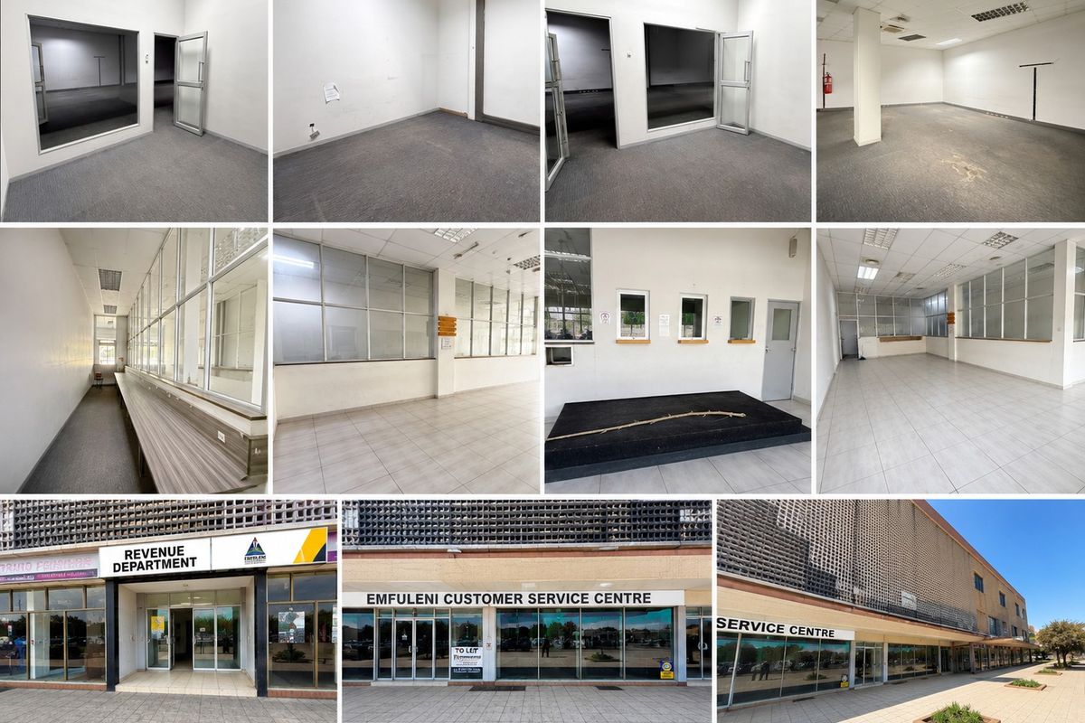 A collage of various interior office spaces and exterior views of a commercial service centre building.