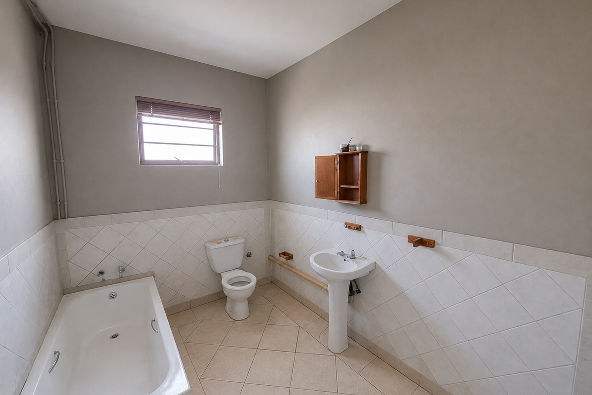 A clean, functional bathroom featuring a bathtub, pedestal basin, and toilet with neutral tiled wall cladding and flooring.